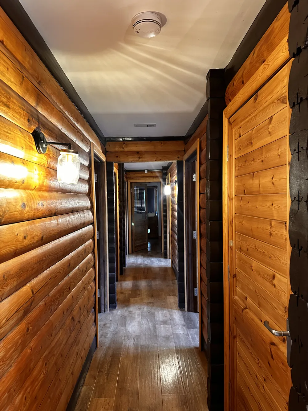 Timber-lined hallway with wall lights