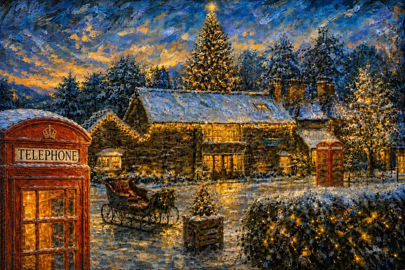 Painting of a snowy village at Christmas with a red telephone box