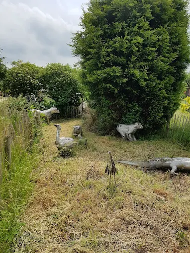 Garden sculptures of geese and animals